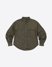Camisa oversize caqui efecto ante en vista frontal.