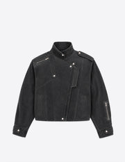 Chaqueta biker oversize de piel negra 100% unisex, vista frontal