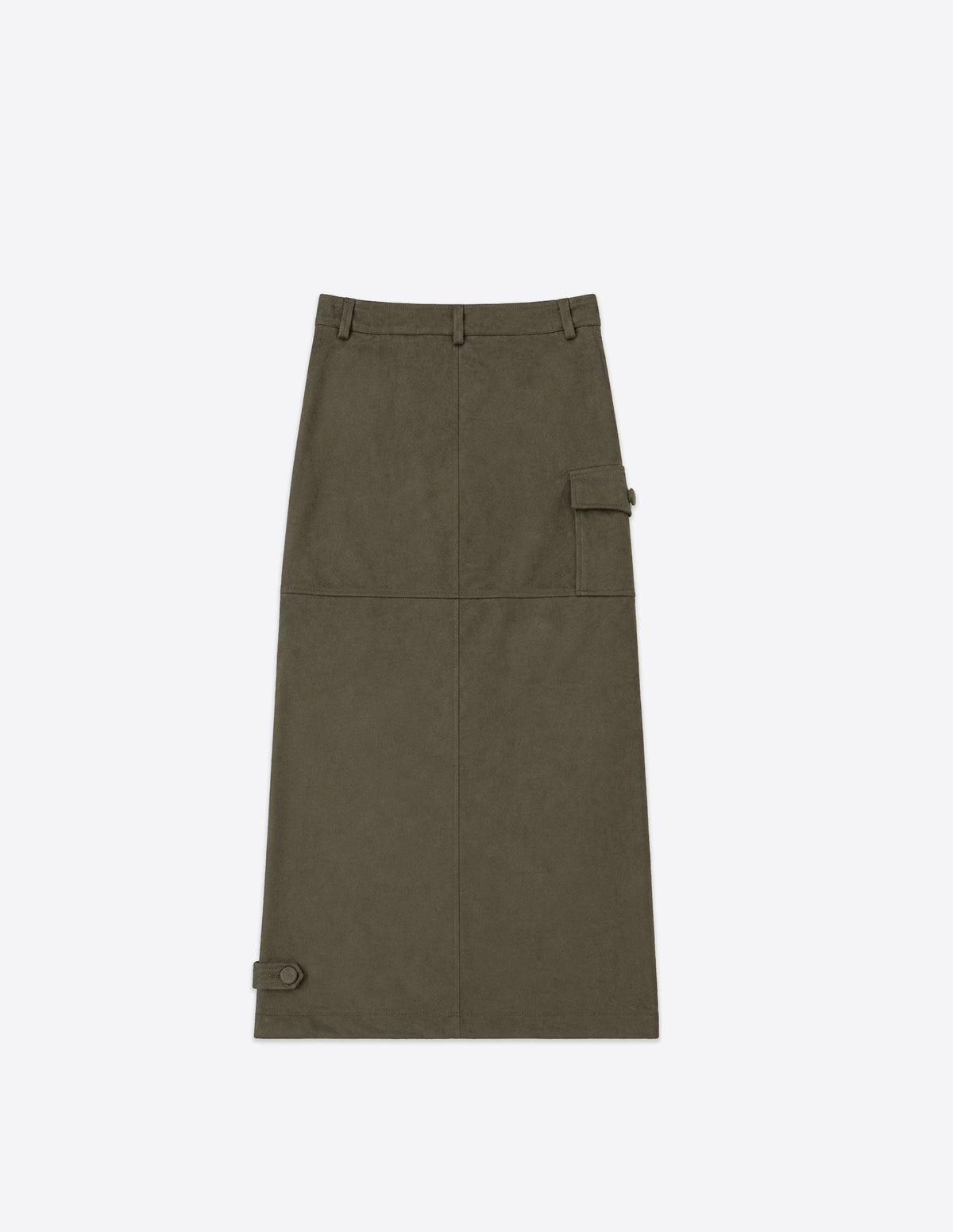 Falda maxi caqui efecto ante con bolsillo cargo en vista trasera.
