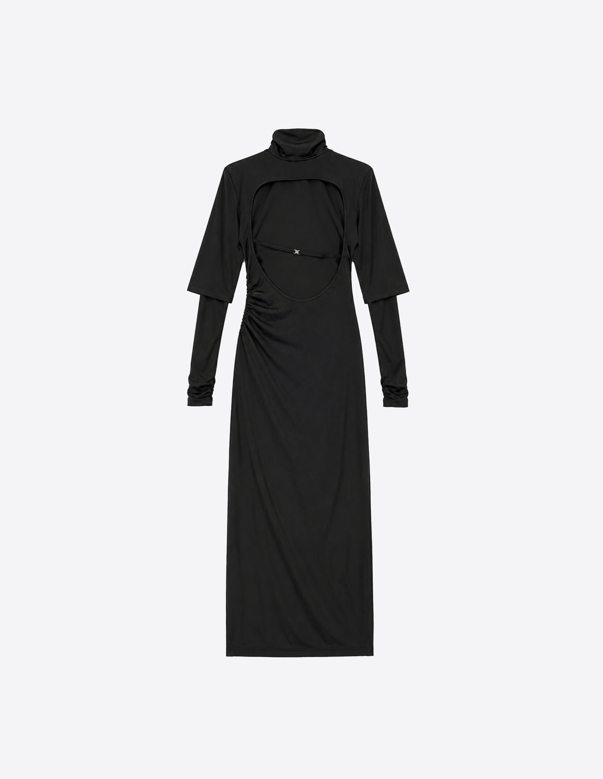 Vestido largo negro de WAENN con espalda abierta, detalle de fruncidos y doble manga