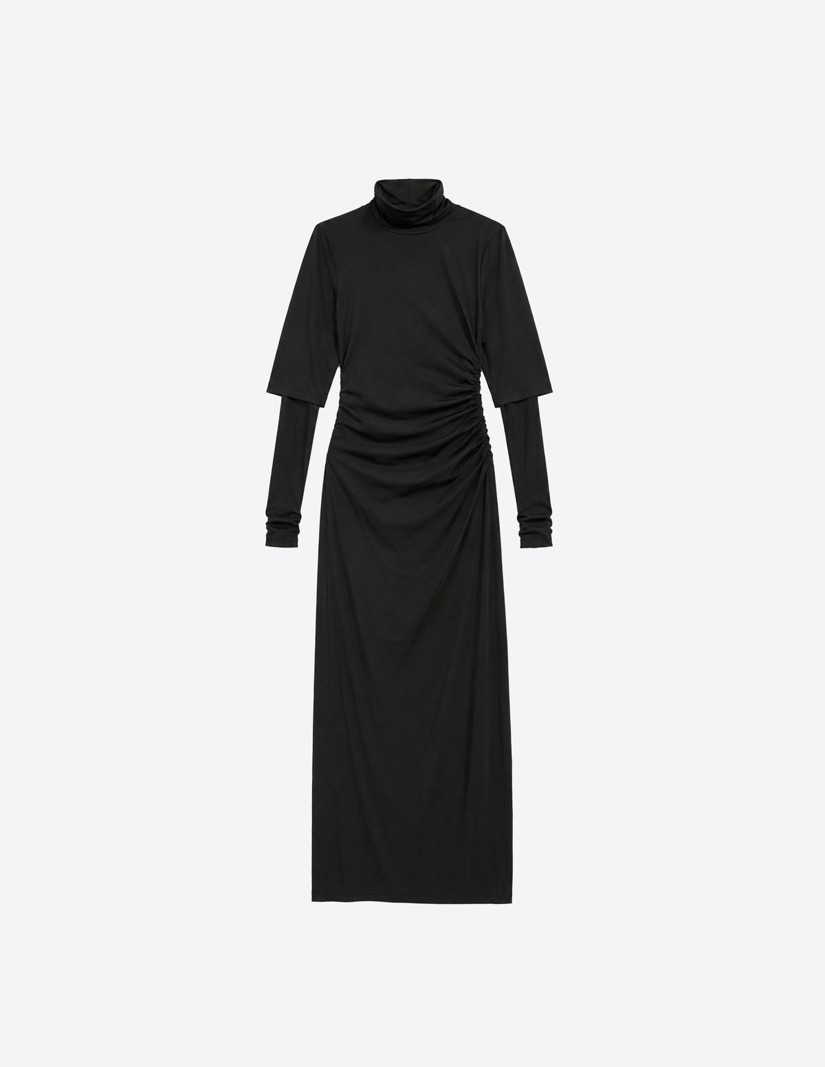 Vestido largo negro de WAENN con cuello alto, fruncidos laterales y doble manga, vista frontal